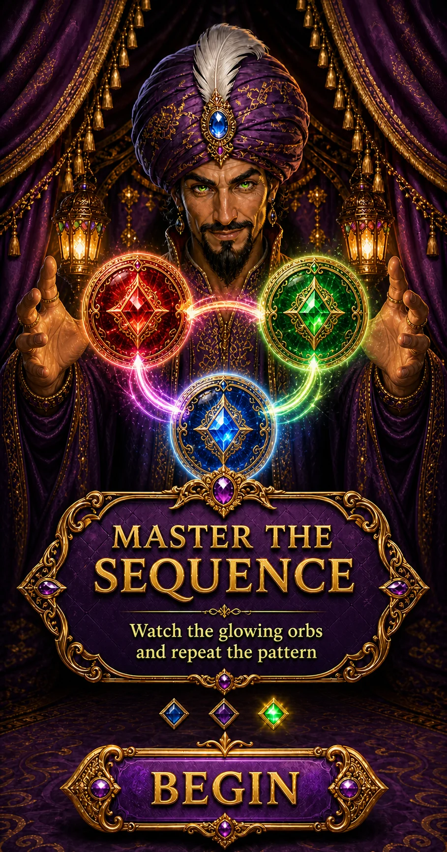 Red, green, and blue crystal orbs connected in a sequence